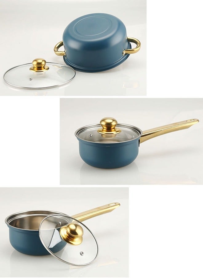 Sharpdo 12-Piece Pot Set 410 Stainless Steel Pot Set Soup Pot Frying Pan Milk Pot Cooking Pot Double-Ear Milk Pot 16/Soup Pot 18/20/22/24/Frying Pan 24CM(Blue) - Image 5